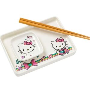 Hello Kitty White Ceramic Divided Plate Set with Pink and Rainbow Accents NIB